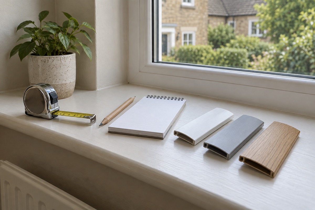 A tape measure, a pencil, a notepad and three sample louvres on a windowsill