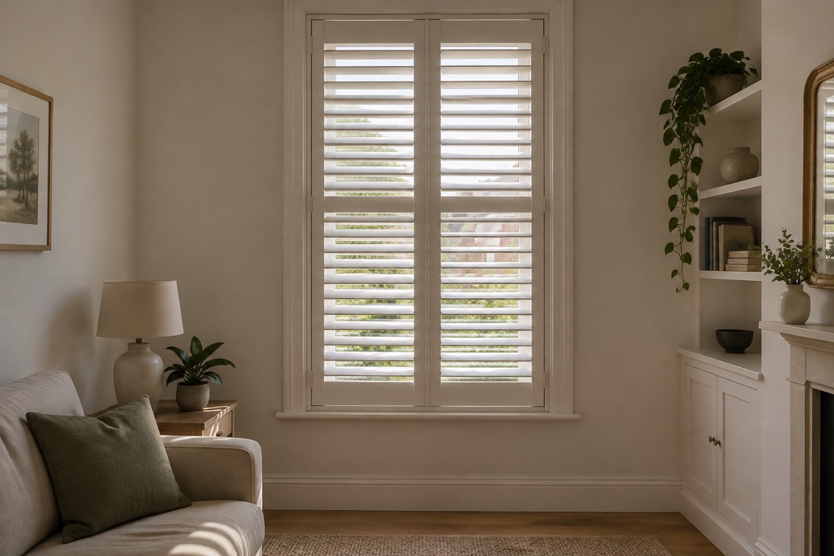 Full height white shutters on a tall sash window, the louvres half open